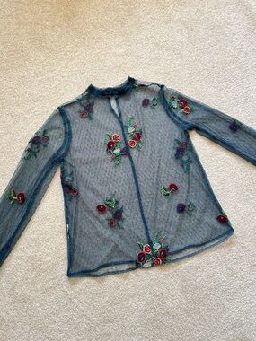 Floral Sheer Embroidered Tulle Blouse, Duck Green / Teal Mesh, Medium, Zara